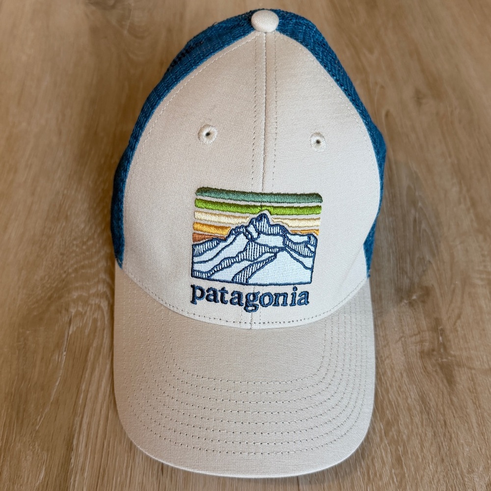 Patagonia Cream and Blue with Colorful Mountain Trucker Hat